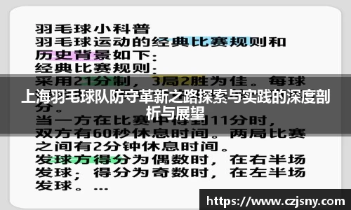 上海羽毛球队防守革新之路探索与实践的深度剖析与展望